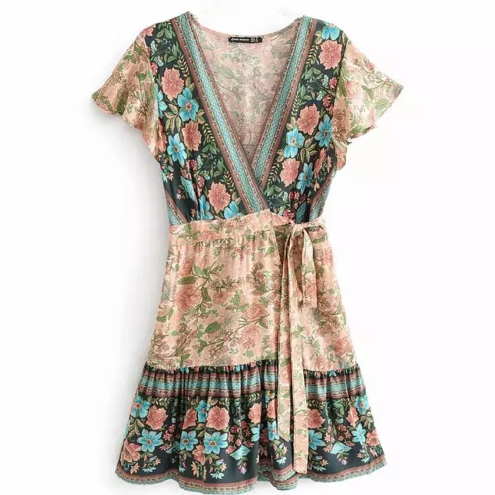 Boho Floral Gypsy Print 70’s Wrap Dress Cream Blue - Picture 5 of 10